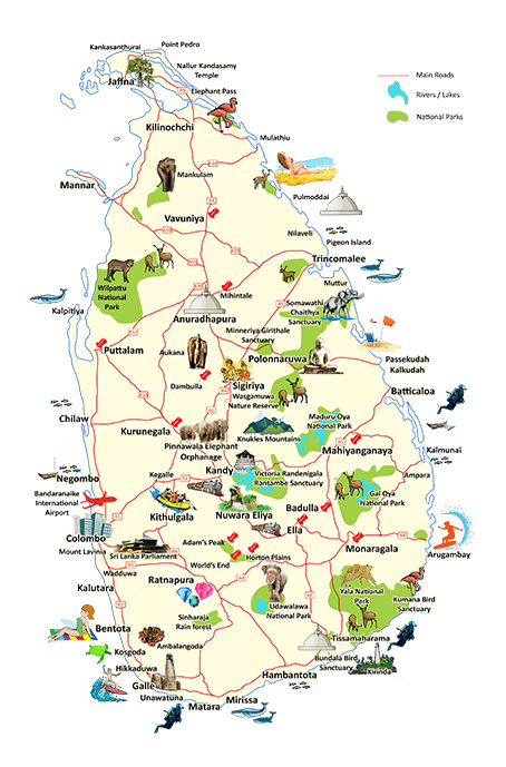 Map of Sri Lanka with Tour Destinations
